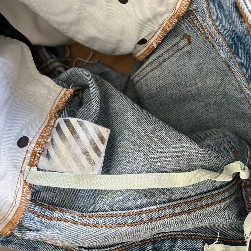OFF-WHITE Main Label Blue Denim Shorts sz 28 Rose Stripe Virgil Abloh